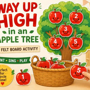 May include: A felt board activity set titled WAY UP HIGH in an APPLE TREE. The set includes a large green tree with five numbered red apples, a brown woven basket, and individual red apple cutouts numbered one through five with faces.