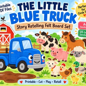 Peut inclure: Un ensemble de feutrine numérique intitulé The Little Blue Truck Story Retelling Felt Board Set, comprenant un camion bleu, une grange rouge et divers animaux de ferme dont une vache, un cheval, un cochon, un mouton, une chèvre, une poule, un canard, un poussin et une grenouille.