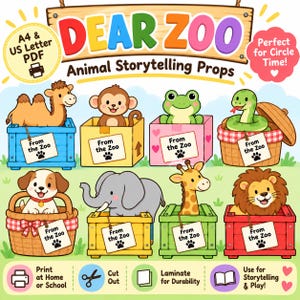 Può includere: Un set stampabile digitale intitolato DEAR ZOO Animal Storytelling Props con animali dei cartoni animati in scatole e cesti, ognuno con un'etichetta From the Zoo. Include cammello, scimmia, rana, serpente, cane, elefante, giraffa e leone.