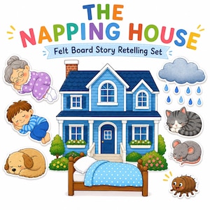Puede incluir: El set de narración de fieltro The Napping House incluye una casa azul, una cama con una manta azul de lunares y personajes que incluyen una persona durmiendo, un niño, un perro, un gato, un ratón, una pulga y una nube con gotas de lluvia.
