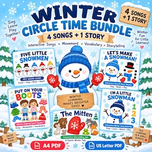 Pode incluir: Um pacote educativo Winter Circle Time Bundle com uma ilustração central de um boneco de neve rodeado por quatro painéis de atividades intitulados Five Little Snowmen, Let's Make a Snowman, Put on Your Boots e The Mitten, com texto e flocos de neve.