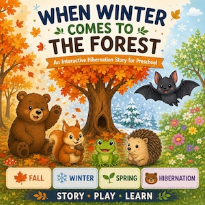 Könnte beinhalten: Ein Kinderbuch mit dem Titel When Winter Comes to the Forest: An Interactive Hibernation Story for Preschool. Das Cover zeigt einen Braunbären, ein Eichhörnchen, einen Frosch, einen Igel und eine Fledermaus im Wald mit vier beschrifteten Schaltflächen: Fall, Winter, Spring und Hibernation sowie dem Text Story, Play, Learn.