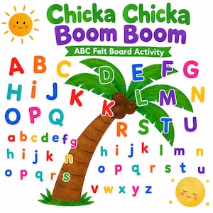 May include: A Chicka Chicka Boom Boom ABC Felt Board Activity set featuring a brown palm tree with three coconuts, a smiling yellow sun, and a moon. The set includes colorful uppercase and lowercase letters of the alphabet scattered around the tree.