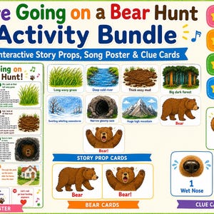 以下が含まれることがあります： 「We're Going on a Bear Hunt」アクティビティバンドル。歌詞付きの歌ポスター、自然の風景やクマが描かれたストーリー小道具カード、クマの耳、濡れた鼻、鋭い歯が描かれたヒントカードが含まれており、カラフルなテキストラベルが付いています。
