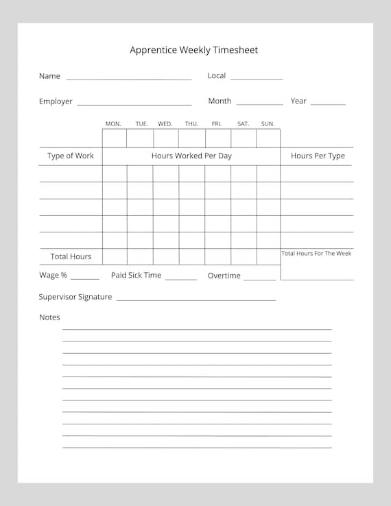 Apprentice Printable Weekly Timesheet Digital Download Time Etsy