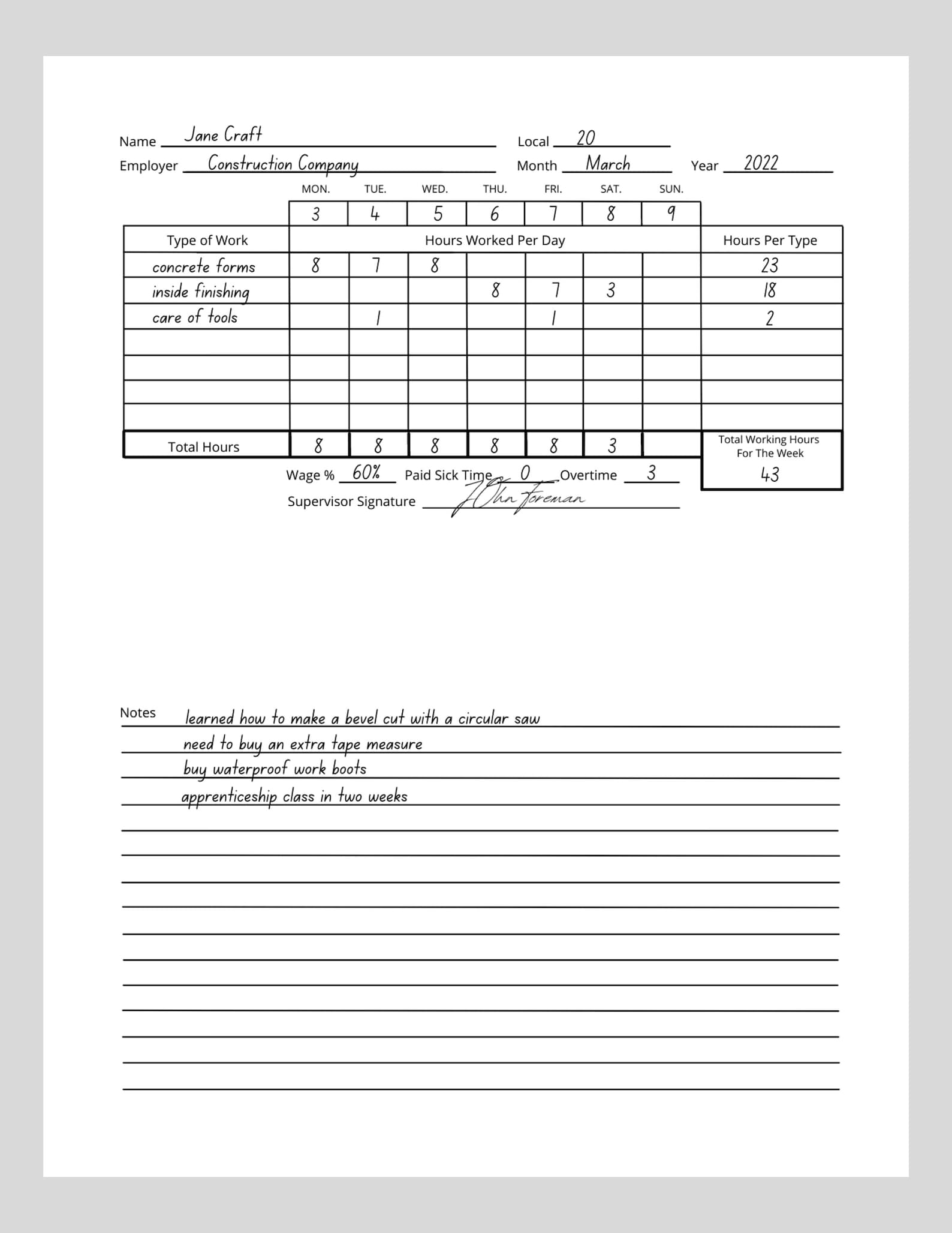 Work Log Notebook Sheets for Apprenticeship Hours Worked, Work Hours