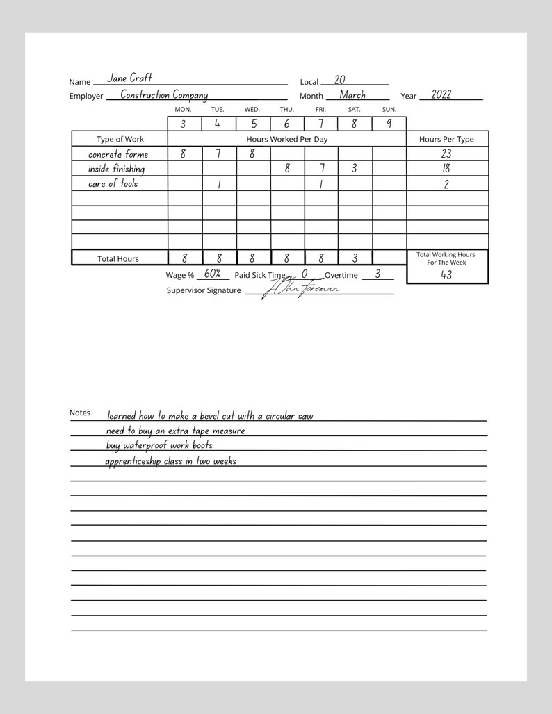 Work Log Notebook Sheets for Apprenticeship Hours Worked, Work Hours ...