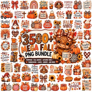 May include: A digital collection of fall-themed graphics featuring pumpkins, sunflowers, gnomes, plaid patterns, and a central highland cow illustration with the text 3500+ MEGA FALL PNG BUNDLE, PUMPKINS, FALL QUOTES, AUTUMN VIBES, THANKSGIVING, LEAVES, GNOMES, AND MORE!