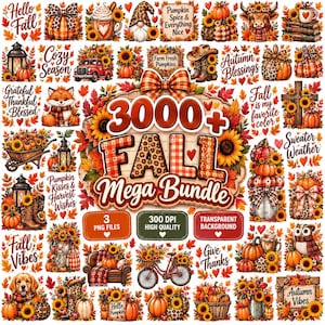 May include: A digital collection of autumn-themed graphics featuring pumpkins, sunflowers, gnomes, animals, and seasonal text like 3000+ Fall Mega Bundle, Hello Fall, and Cozy Season, arranged in a collage with orange, brown, and yellow colors.