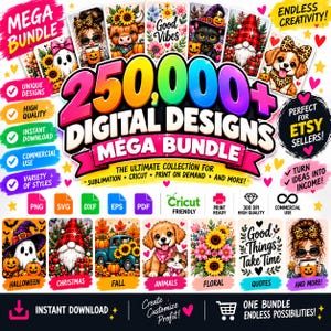 Pode incluir: Um mega pacote digital com mais de 250.000 designs para sublimação, Cricut e impressão sob demanda. Inclui formatos PNG, SVG, DXF, EPS e PDF com gráficos de fantasmas, gnomos, caminhões, filhotes, gatinhos, girassóis e citações.