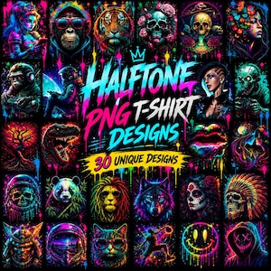 Può includere: Una collezione digitale di 30 design grafici con colori neon vibranti ed effetti a goccia. Le illustrazioni includono teschi, animali, astronauti e figure fantasy, tutte centrate attorno al testo Halftone PNG T-Shirt Designs.