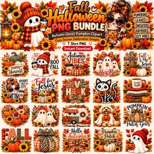 May include: A digital collection of fall and Halloween themed graphics featuring ghosts, pumpkins, sunflowers, autumn leaves, and cozy seasonal text. The bundle includes various illustrations of characters, campers, and festive signs for sublimation.