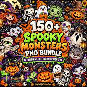 Puede incluir: Un paquete gráfico digital con el texto 150+ Spooky Monsters PNG Bundle Original Halloween Designs rodeado de ilustraciones de dibujos animados de una bruja, esqueleto, fantasma, Frankenstein, calabaza, momia, gato y vampiro.
