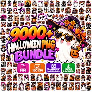 Può includere: Una collezione digitale di oltre 9000 file PNG di Halloween con una grafica centrale di un fantasma bianco che indossa un cappello da strega e occhiali a forma di cuore mentre tiene una bevanda alla zucca. Lo sfondo mostra icone di Halloween.