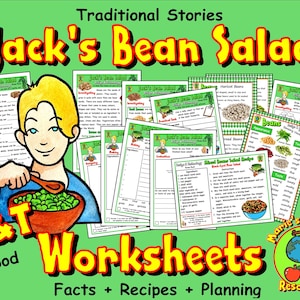 Könnte beinhalten: Ein Satz farbenfroher Arbeitsblätter für eine Unterrichtseinheit zum Thema Jack's Bean Salad. Die Arbeitsblätter beinhalten Fakten, Rezepte und Planungsaktivitäten. Das Bild zeigt einen Comic-Koch, der eine Schüssel mit grünen Bohnen hält.