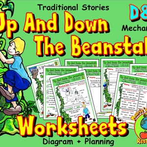 May include: A set of colorful worksheets for a traditional story, "Up and Down the Beanstalk", with a green beanstalk and a boy climbing it. The worksheets are designed for Design and Technology (D&T) lessons and include activities for making, designing, and evaluating.