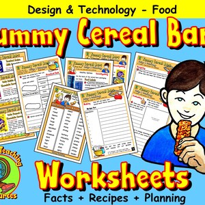 May include: A set of colorful worksheets for a design and technology class focused on making yummy cereal bars. The worksheets include facts, recipes, and planning activities. The title "Yummy Cereal Bars" is in large, bold, yellow letters. A cartoon boy is eating a cereal bar.