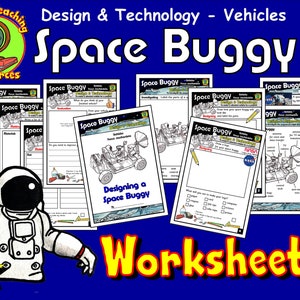 Może przedstawiać: Zestaw czarno-białych arkuszy ćwiczeń do projektowania łazika kosmicznego. Arkusze ćwiczeń zawierają rysunek łazika kosmicznego, listę materiałów i sekcję do projektowania własnego łazika kosmicznego. Arkusze ćwiczeń są zatytułowane "Space Buggy" i "Designing a Space Buggy".