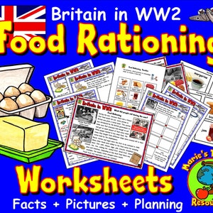 Può includere: Un set di fogli di lavoro colorati per insegnare il razionamento alimentare in Gran Bretagna durante la seconda guerra mondiale. I fogli di lavoro presentano immagini di alimenti, come uova, burro, marmellata e biscotti, insieme a testo e attività. Il titolo dei fogli di lavoro è "Britain in WW2 Food Rationing Worksheets".