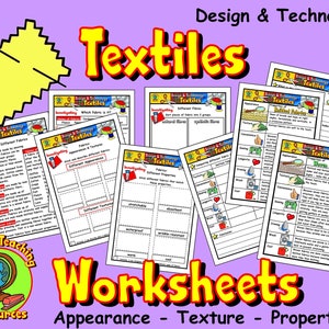 Op de afbeelding: Een set kleurrijke werkbladen voor een ontwerp- en technologie-les over textiel. De werkbladen bevatten activiteiten om verschillende stoffen te onderzoeken, hun uiterlijk, textuur en eigenschappen. De werkbladen zijn getiteld "Investigating Different Fabrics" en "Textiles Worksheets: Appearance - Texture - Properties".