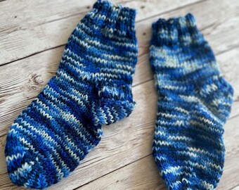 Blue and White Marle unique multicoloured striped 100% pure wool hand-knitted winter socks for toddler or young child, made in New Zealand