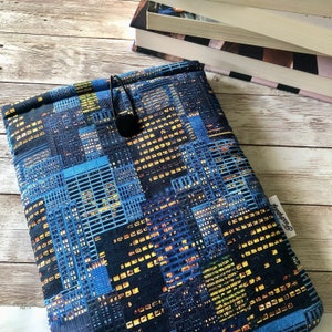 City Lights padded book sleeve | tablet cover | button closure | urban grunge | bookish gift | padded tablet cover | city skyline | Kindle