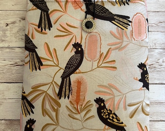 Black Cockatoos padded book sleeve | tablet cover | button closure, bookish gift for birder, bird book sleeve, gift for nature lover, Kindle