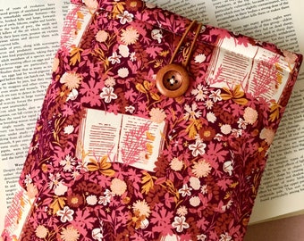 Book Lover padded book sleeve | tablet cover | button closure | gift for book lover | Kindle sleeve | literary gift | bookish gift