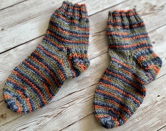 Denim, Olive and Terracotta unique multicoloured striped 100% pure wool handmade socks for toddler or young child, made in New Zealand