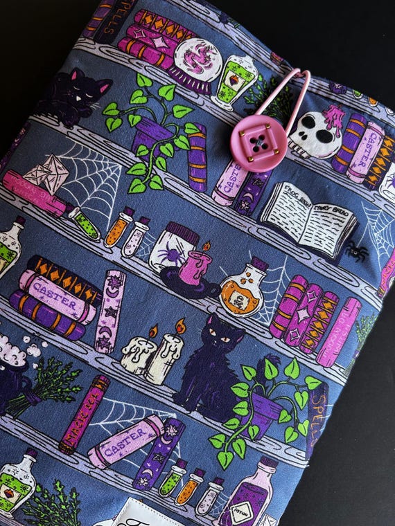 Spooky Library padded book sleeve | tablet cover | button closure | book lover gift, bookish gift, Halloween Kindle pouch, creepy Kobo cover