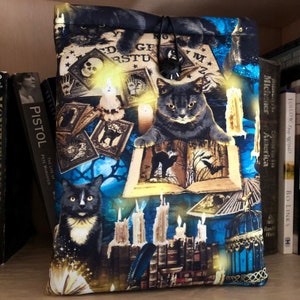 Magical Black Cats Witchy padded book sleeve | tablet cover | button closure | book lover gift | bookish gift, Halloween book sleeve, Kindle