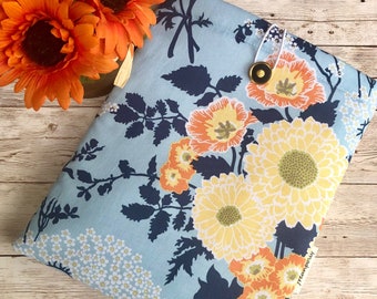 Blue and Orange Floral padded book sleeve | tablet sleeve | button closure | cottagecore book sleeve | Christmas book gift | bookish gift