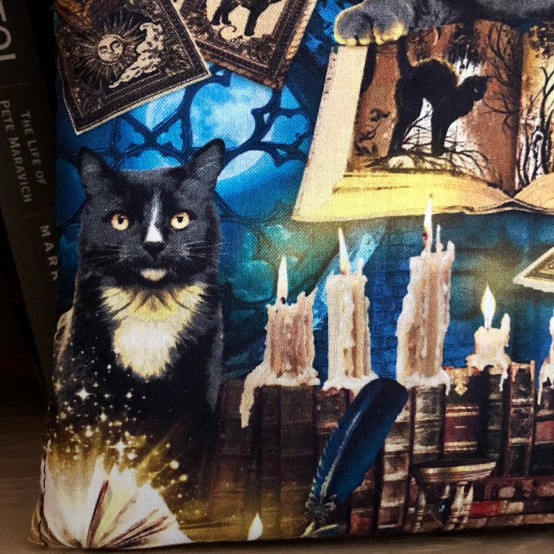 Op de afbeelding: Een zwarte kat met witte vacht op zijn borst zit voor een stapel boeken en kaarsen. De achtergrond is een blauw en gouden patroon met een maan en sterren. De tekst "The Life of Pete Maravich" is zichtbaar aan de linkerkant van de afbeelding.