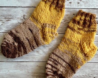 Mustard Yellow and Brown unique multicoloured 100% pure wool hand-knitted winter socks for toddler or young child, made in New Zealand