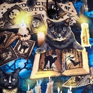 Op de afbeelding: Een blauwe en gouden stof met een zwarte kat die op een boek zit. Het boek heeft een zwarte kat en een vleermuis erop. Er zijn kaarsen en een schedel op de stof. De stof heeft een Ouija-bordpatroon.