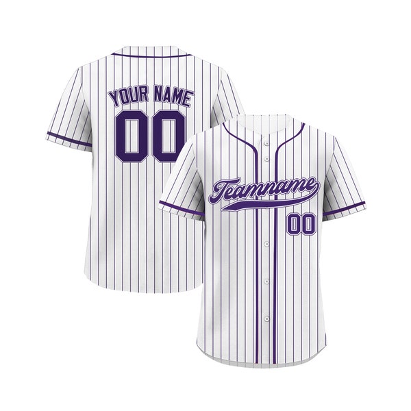 Pinstripe Custom Baseball Jersey with Teamname Name Number, Printed White Purple Jerseys Shirt for Men Women Youth, Gifts for Baseball Fans