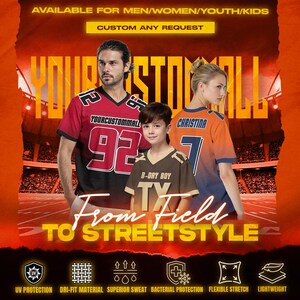 May include: Image of three people wearing custom football jerseys. The jerseys are red, orange, and brown, each with unique text and numbers. The image includes the text "YOURCUSTOMMALL" and "From Field To Streetstyle". The image also includes icons for UV protection, dri-fit material, and other features.