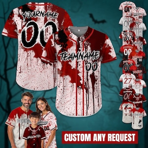 May include: Baseball jerseys with a white base and a red blood splatter design. The jerseys feature customizable text and numbers, with options for "YOURNAME" and "TEAMNAME". The image also includes a family wearing matching jerseys.