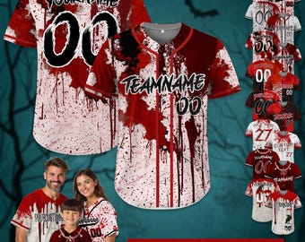 Personalize Blood Splatter Baseball Jersey for Men Women Youth Kid, Custom Halloween Party Jersey For Baseball Team Creepy Halloween Gift