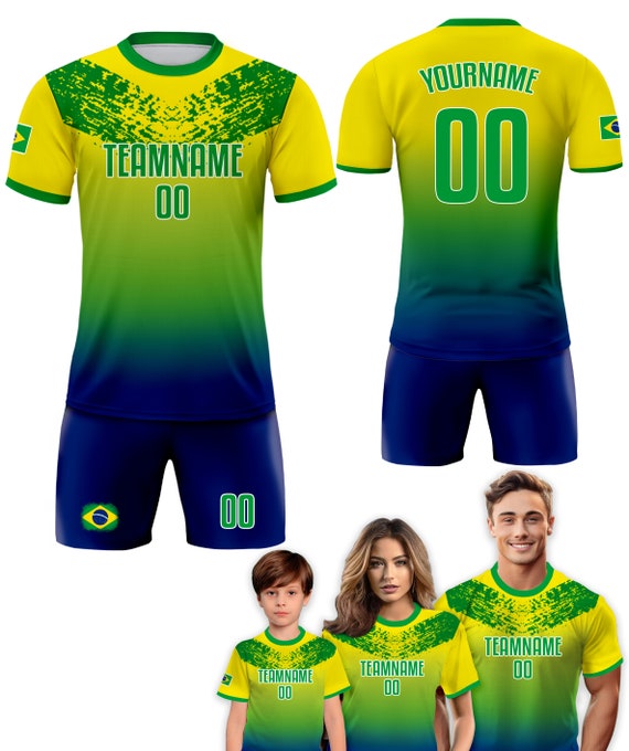 Maillot Football Personnalisé Brésil - Enfant Adulte Nom Numéro - Kit équipe Cadeau Fan - Tissu Respirant