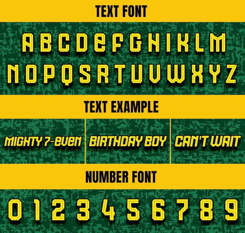 Pode incluir: Gr&aacute;fico mostrando um conjunto de fontes com o alfabeto, texto de exemplo e n&uacute;meros. O texto &eacute; amarelo com uma contorno preto, em um fundo verde e amarelo. O texto de exemplo inclui "MIGHTY 7-EVEN", "BIRTHDAY BOY" e "CAN'T WAIT".