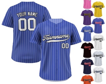Printed Royal Blue White Pinstripe Custom Baseball Jersey with Teamname Name Number, Jersey Shirt for Men Women Youth, Gift for Baseball Fan