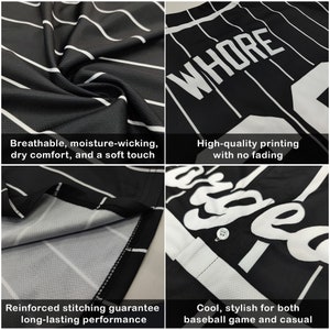 Pode incluir: Camisola de beisebol preta e branca com riscas verticais. A camisola apresenta a palavra "WHORE" em letras brancas grandes nas costas. A camisola &eacute; feita de tecido respir&aacute;vel e que absorve a humidade com costuras refor&ccedil;adas.