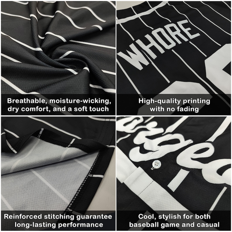 Pode incluir: Camisola de beisebol preta e branca com riscas verticais. A camisola apresenta a palavra "WHORE" em letras brancas grandes nas costas. A camisola &eacute; feita de tecido respir&aacute;vel e que absorve a humidade com costuras refor&ccedil;adas.