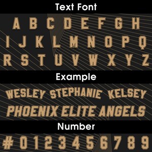 May include: A black and gold alphabet font with a striped background. The font is bold and has a slightly rounded style. The letters are displayed in uppercase. The numbers 0-9 are also shown in the same font style. The text "Text Font", "Example", and "Number" are also displayed in white.