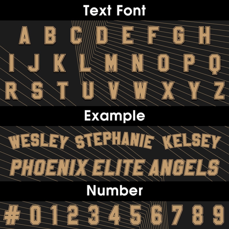 May include: A black and gold alphabet font with a striped background. The font is bold and has a slightly rounded style. The letters are displayed in uppercase. The numbers 0-9 are also shown in the same font style. The text "Text Font", "Example", and "Number" are also displayed in white.