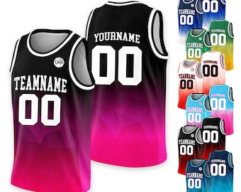 Camiseta de baloncesto personalizada con nombre y número de equipo para adultos, niños y jóvenes. Camiseta de baloncesto personalizada, color negro y rosa degradado.