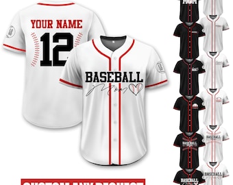 May include: A white baseball jersey with red trim and the text "BASEBALL MOM" in black. The jersey has a heart with a baseball inside and a signature. The back of the jersey has the text "YOUR NAME" and the number "12" in black.