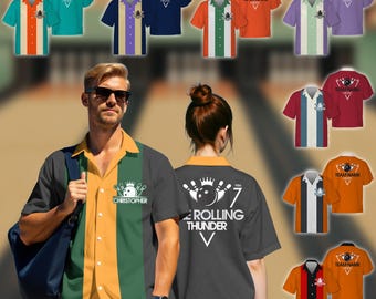 Custom Retro Bowling Team Uniform Shirts for Men Vintage Short Sleeve Button Down Jersey Shirts for Adult Kid Bowling Hawaiian Shirt Gift