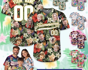 Custom Hawaiian Baseball Jersey with Face Teamname Name Number, Personalized Hawaii Floral Shirt for Men Women Youth Preschool Button Shirt